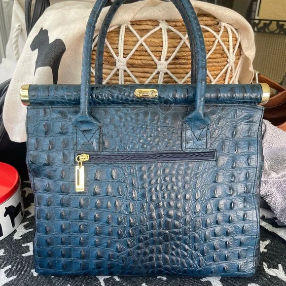 Elegant Blue Crocodile Embossed Leather Handbag - Picture 2 of 6